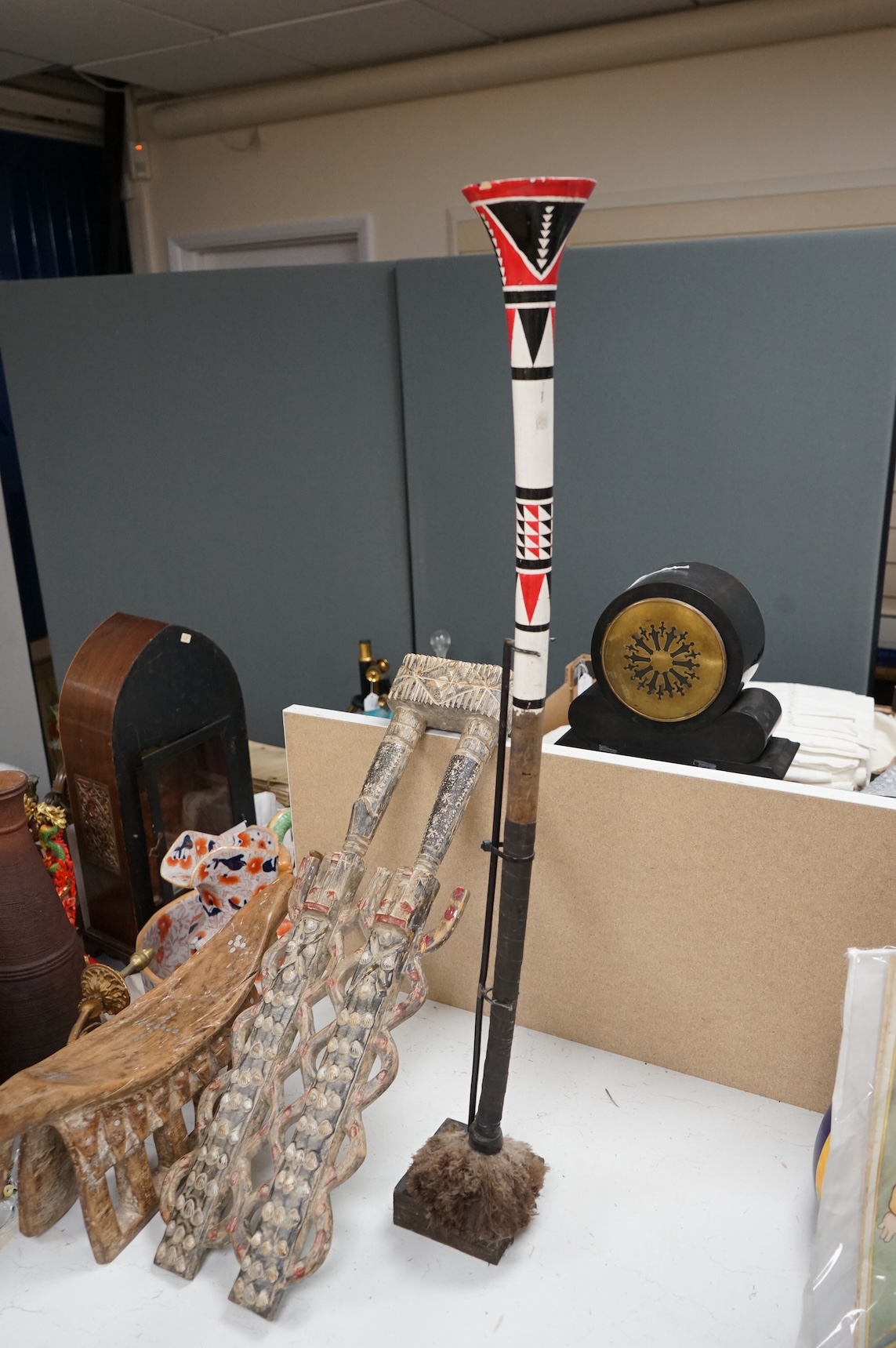 A Zulu painted wood fighting stick, a Nigerian twin group and a headrest (3)